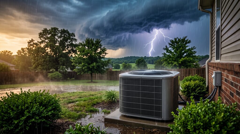 An outdoor air conditioning unit sits on a concrete pad in a yard during a super El Niño thunderstorm with visible lightning.
